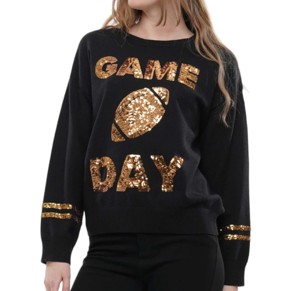 New Black Sequin Gold Game Day Football Sweater size small